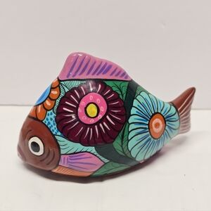 Hand painted Talavera Mexican Pottery Fish Decor Mexican Folk Art Signed Isidoro